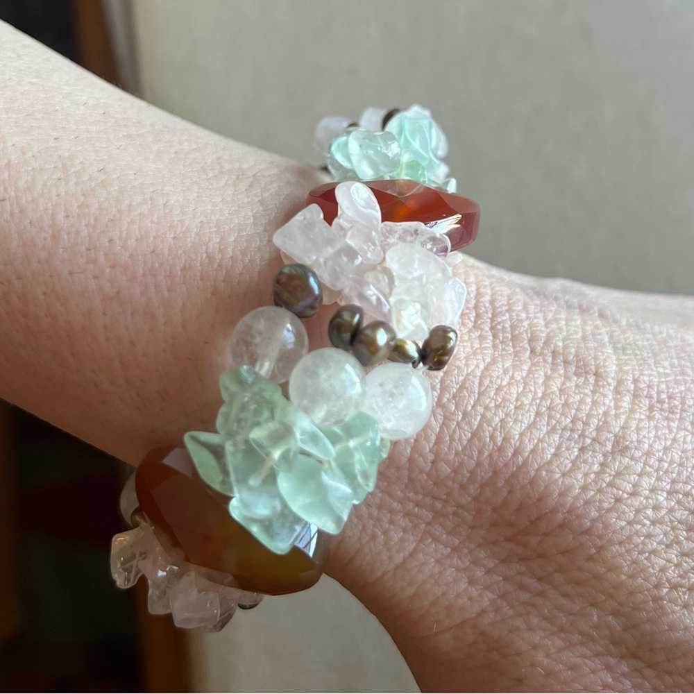 Natural Gemstone Bracelet - stretchy band with pearls, quartz, carnelian